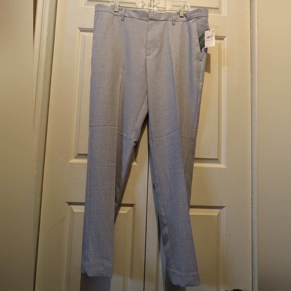 Perry Ellis Light Grey Plaid Dress Pants Slim Fit 38x32 New With Tags